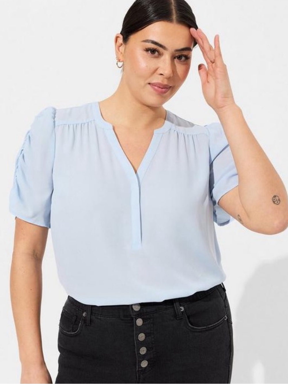 Torrid Harper Georgette Ruched Sleeve Blouse, 0/L/12 Skyway NWT
